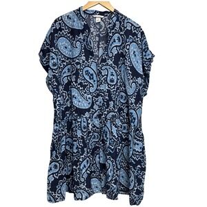 H&M Womens Dress Large Paisley Print Blue‎ White Drop Waist Dolman Short Sleeve